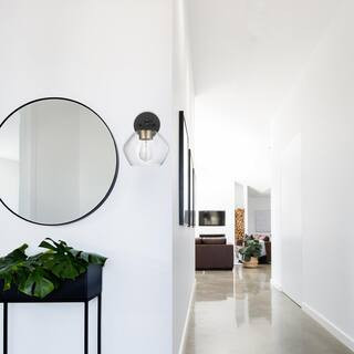 Harrow 9.28 in. 1-Light Matte Black Wall Sconce Light with Clear Glass Shade and Gold Accent for ... | The Home Depot