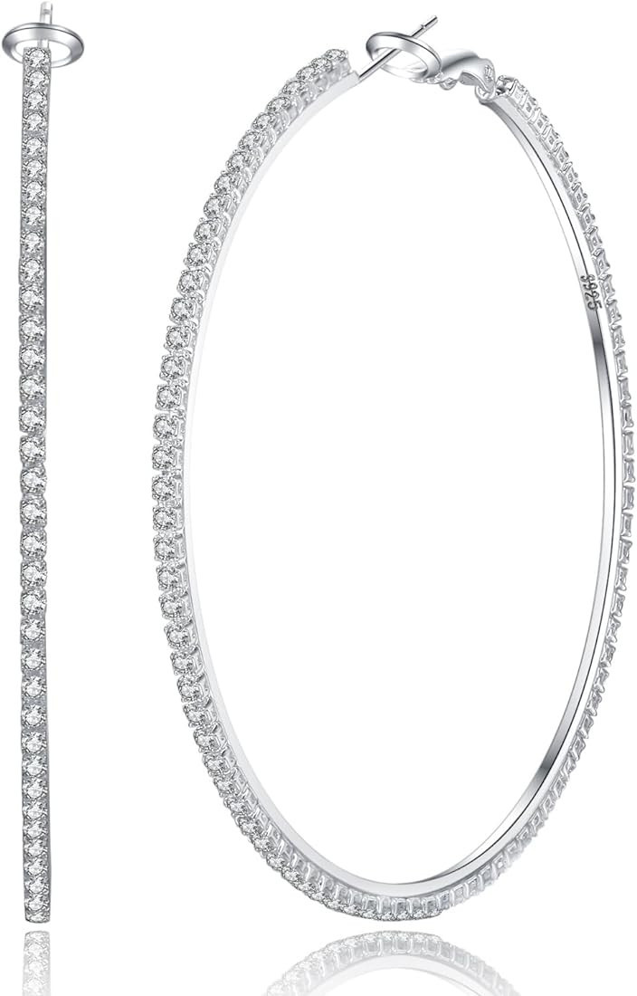 PABBEU Sterling Silver Hoop Earrings S925 Rhinestone Hoop Earrings Large Hoop Earrings for Women ... | Amazon (US)