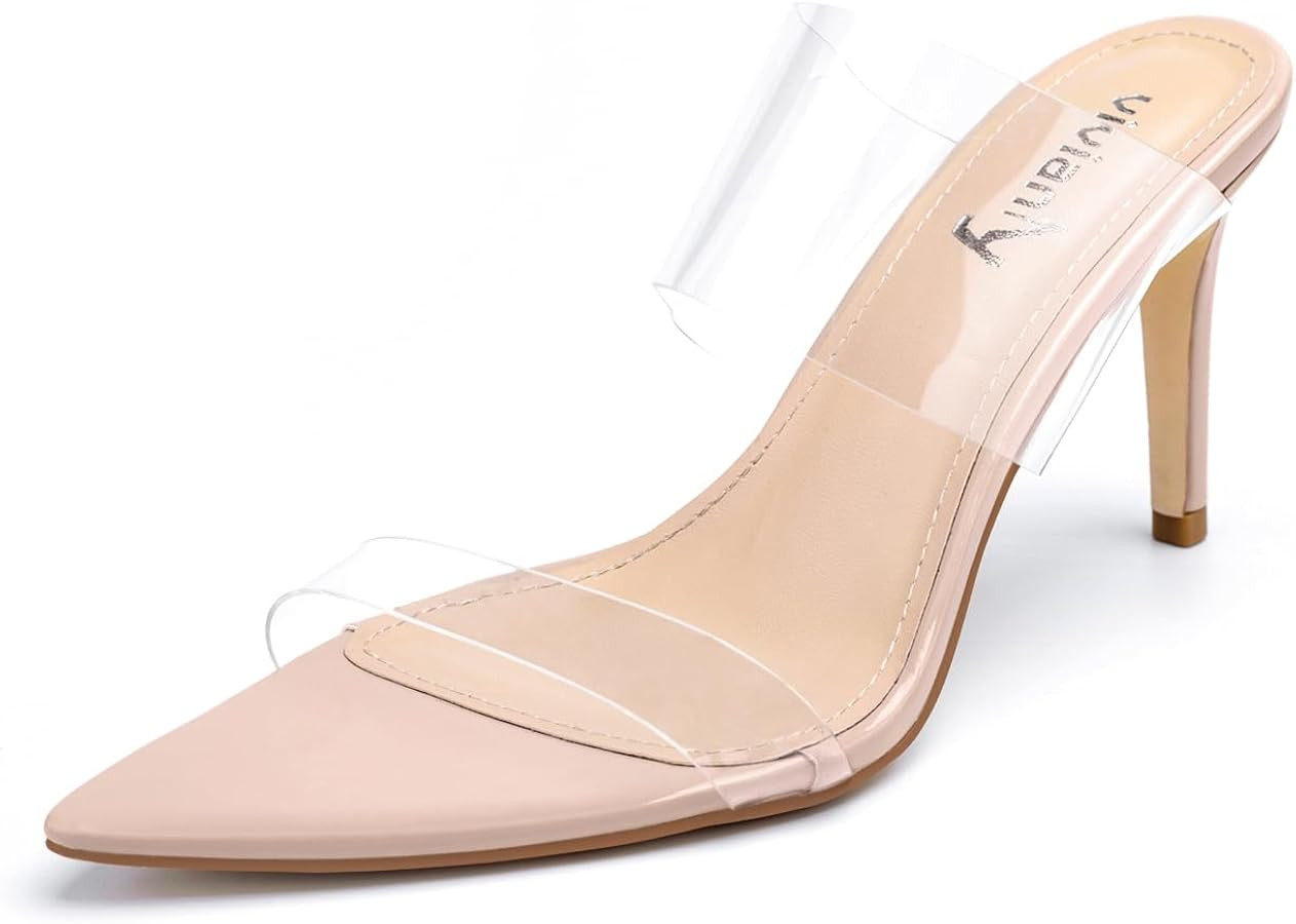 vivianly Clear Pointed Toe Heels Sandals Transparent Strap Stiletto High Heels Slip on Mules for ... | Amazon (US)