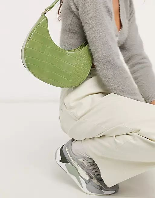 ASOS DESIGN curved shoulder bag in green croc with long strap | ASOS (Global)