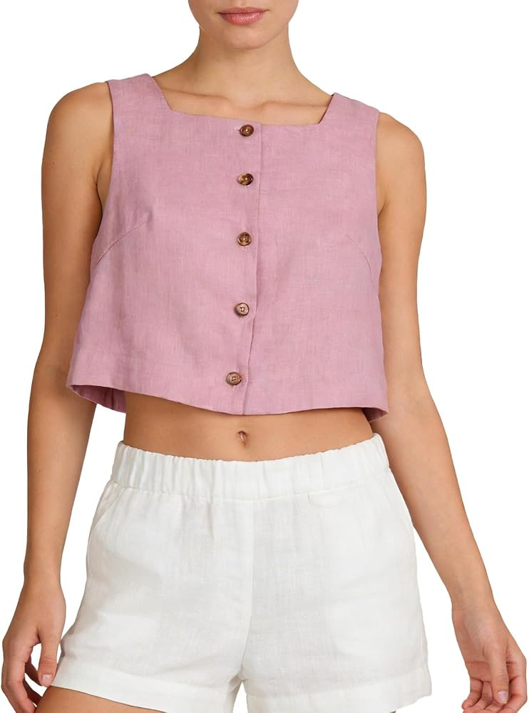 Amazhiyu Womens 100% Linen Square Neck Crop Tank Tops | Amazon (US)