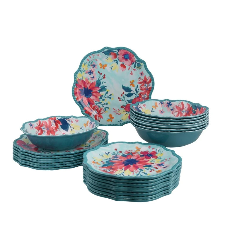 The Pioneer Woman 24-Piece Fresh Floral Melamine Dinnerware Set, Teal | Walmart (US)