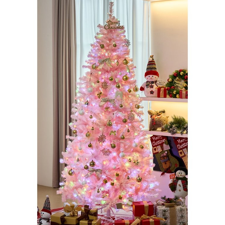 BSHAPPLUS® 7.5ft Pre-Lit Christmas Tree,Hinged Artificial Christmas Pine Tree,Pink Christmas Tre... | Walmart (US)