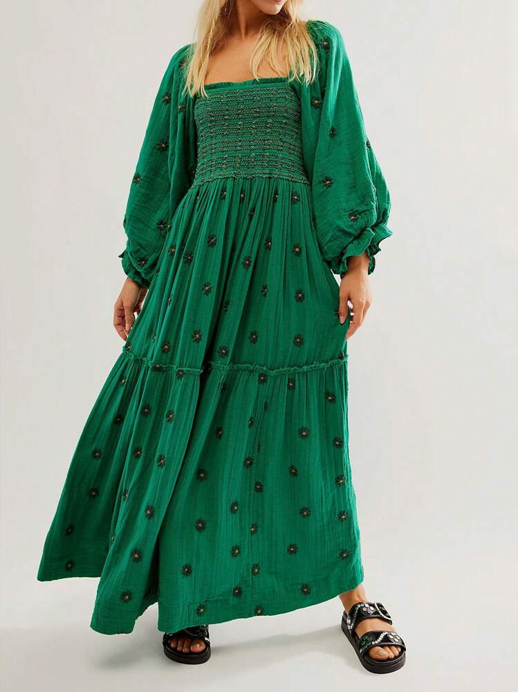 Women's Flower Embroidered Maxi Dress Lantern Sleeve Square Neck Tiered Flowy Spring Fall Dress | SHEIN