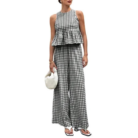 Women'S 2 Piece Gingham Set Summer Outfits Ruffle Tank Top and Wide Leg Pants Matching Lounge Set | Walmart (US)