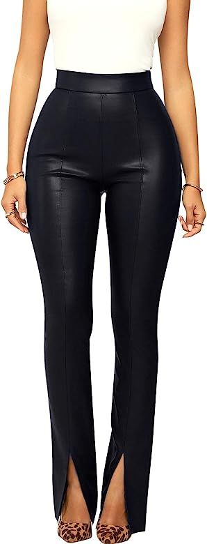 Women's Faux Leather Pants High Waist Front Seam Split Hem PU Leather Pants | Amazon (US)