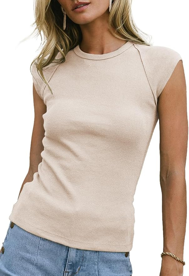 Womens Tops Casual Crewneck Cap Sleeve Tops Ribbed Raw Hem Summer T Shirts Slim Fit Basic Tees Bl... | Amazon (US)