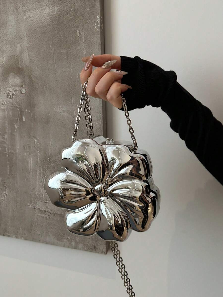 Luxury Shiny ABS Material Flower Shaped Mini Clutch Handbag Buckle Metal Bead Chain Shoulder Bag ... | SHEIN
