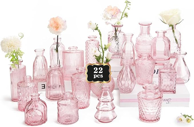 RUCKAE Pink Flower Vase in Bulk 22 Glass Bud Vases Vintage Small Vases for Centerpiece Table Wedd... | Amazon (US)