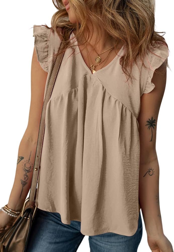 Dokotoo Womens Summer Tops Stylish Ladies Tops and Blouses Solid Causal V Neck Cute Ruffle Short ... | Amazon (US)