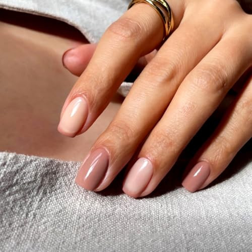 Stbisen Brown French Tips Press On Nails Short, Acrylic Press On Nails Square with Nail Glue, Glossy Fake Nails Kit, Thick Natural Reusable Glue On Nails for Women, 24Pcs | Amazon (US)