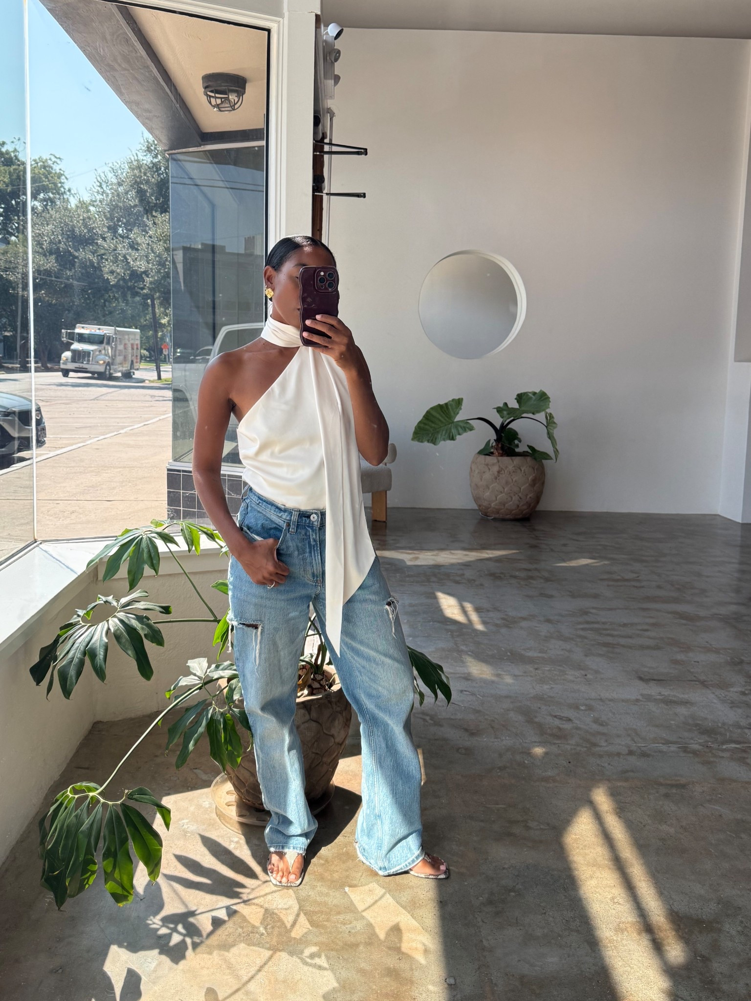Cream wafting scarf neck tie shirt, jeans, thong sandals 

#LTKStyleTip #LTKPetite