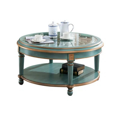 Vintage Teal Rubberwood Solid‑Wood Coffee Table, Tempered Glass Top with Openwork Carved Design | Wayfair North America