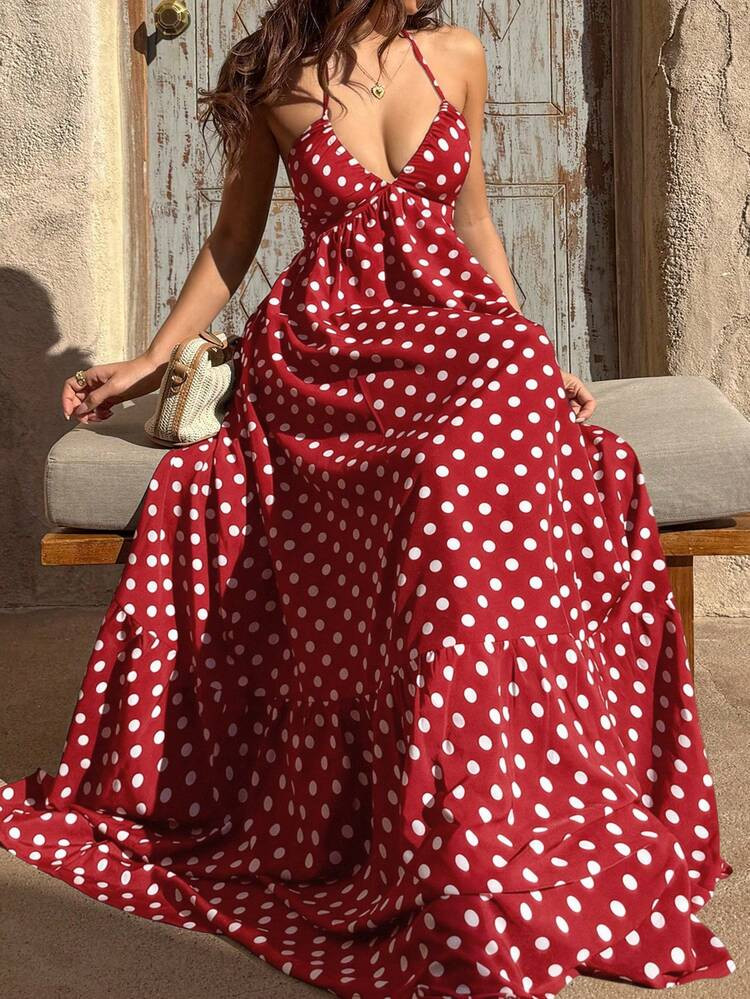 Sunnyshic Women's Black Polka Dot Deep V-Neck Halter Backless Tie-Waist Maxi Dress, Sexy & Elegant European And American Style, Suitable For Spring/Summer Beach Vacation | SHEIN