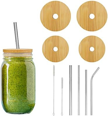 Amytalk 4 Pack Mason Jar Lids with Straw Hole, Bamboo Lids for Wide and Regular Mouth Mason Jar w... | Amazon (US)