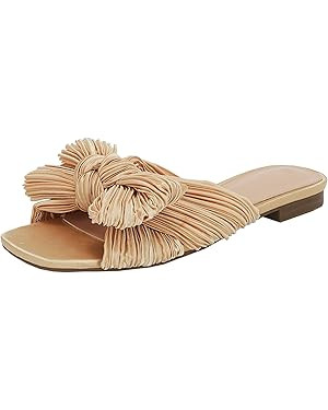 VETASTE Women's Pleated Bow Flat Sandals Open Square Toe Slip on Slide Sandals | Amazon (US)