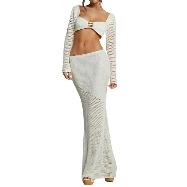 Women's Crochet Knit 2 Piece Skirt Sets Hollow Out Knitted Crop Top Side Slit Bodycon Long Skirt ... | Walmart (US)