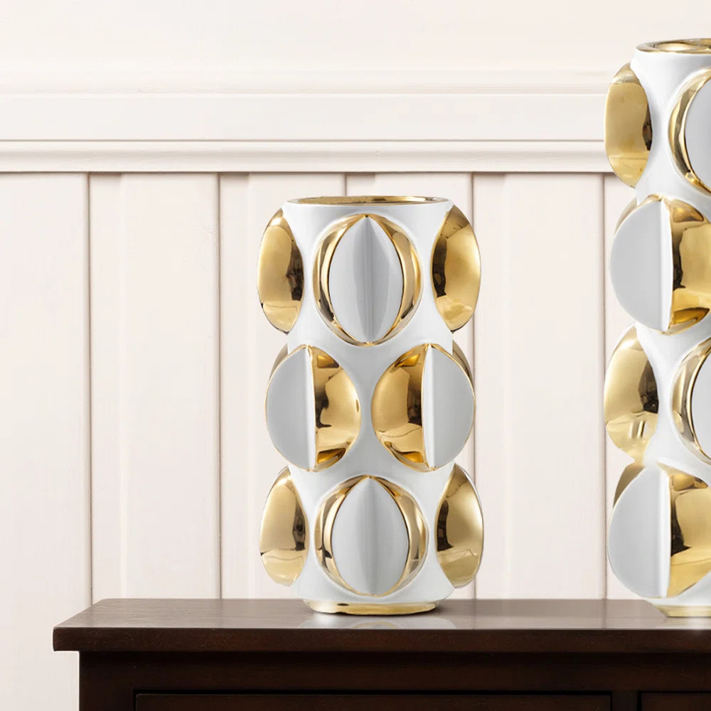 Ajalon Handmade White with Gold Decorative Ceramic Vase for Living Room Modern Home Decoration Ac... | Wayfair UK