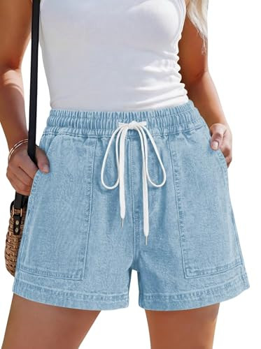 FEKOAFE Womens Casual Jean Shorts 2026 Drawstring Elastic Waist Summer High Waisted Pull On Comfy Denim Shorts for Women LBlue X-Large | Amazon (US)
