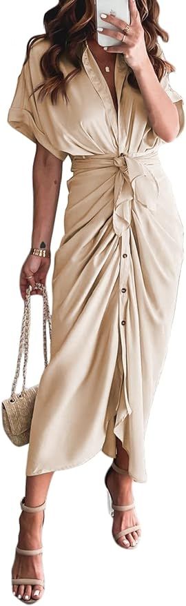 Amazon.com: Linsery Women Elegant Satin Button Down Short Sleeve Maxi Shirt Dress with Belt : Clo... | Amazon (US)