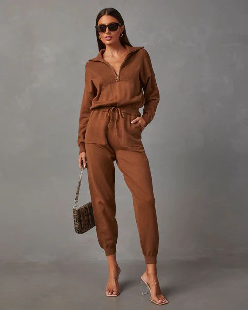 Ryker Pocketed Half Zip Knit Jumpsuit - Camel | VICI Collection