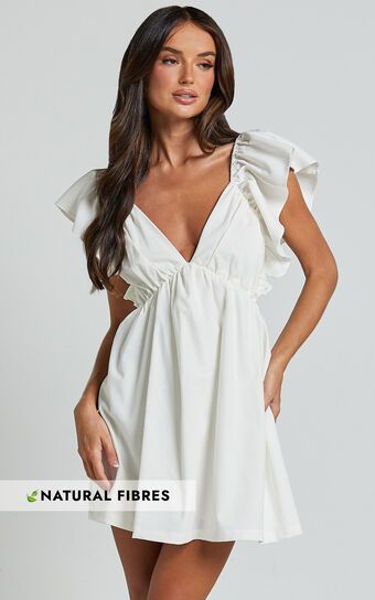 Raiza Mini Dress - Ruffle Sleeve Tie Back Plunge Dress in Off White | Showpo (US, UK & Europe)