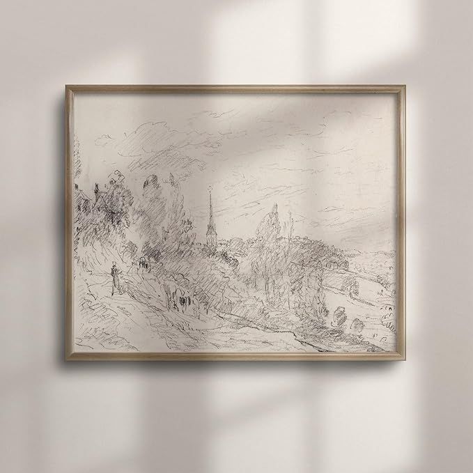 Antique French Countryside Sketch Poster - Vintage Landscape Wall Art in Muted Beige Colors, Insp... | Amazon (US)