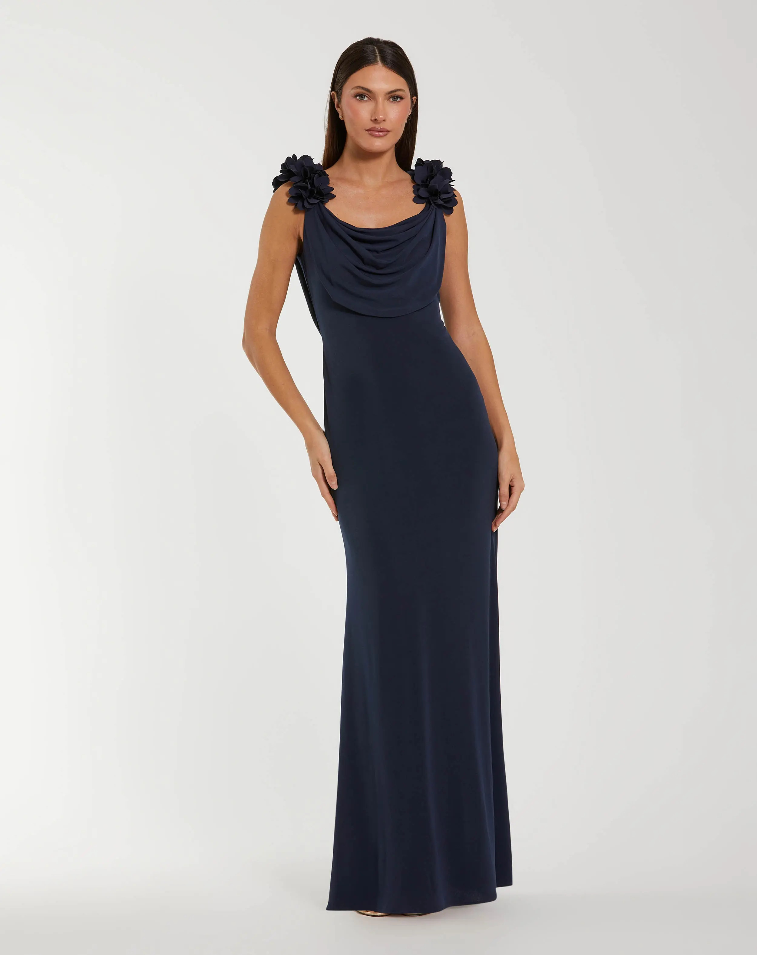 Navy Cowl Neck Jersey Gown With 3D Flower Straps | Mac Duggal | Mac Duggal