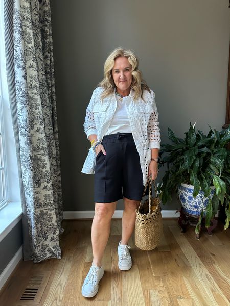 New Bermuda shorts by spanx air essentials! Both 8” inseam. Both pull on. One has a drawstring and pintucks in the front and back. The other has a tie at the waist. So soft. So good. 
My regarding size XL worked great. 10% off and free shipping code NANETTEXSPANX 

Jacket is by kohls and could pass for something so much more $. I’m wearing a large. 

I’ve had these platform sneakers for 4 years. They’re my go to for travel. I know a splurge. 

Travel outfit summer outfit black and white 

#LTKOver40 #LTKMidsize #LTKTravel