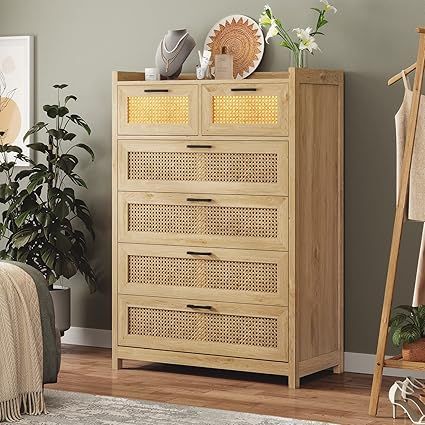 AOGLLATI Dresser for Bedroom with Led Light, Natural Rattan 6 Drawer Dressers, Dressers & Chests ... | Amazon (US)