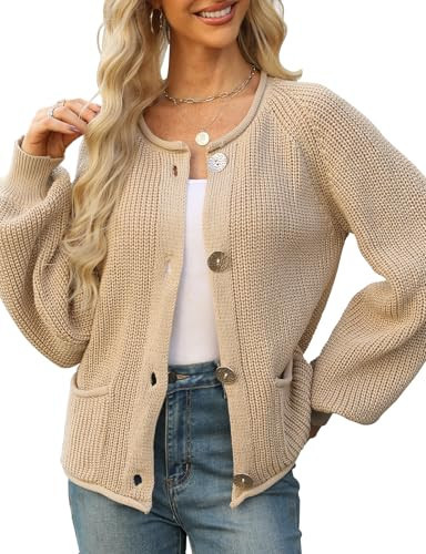 ZOOMOON Women's Chunky Cardigan Button Down Open Front Sweater with Pockets Long Sleeve Outerwear Knitted Cardigan Khaki S | Amazon (US)