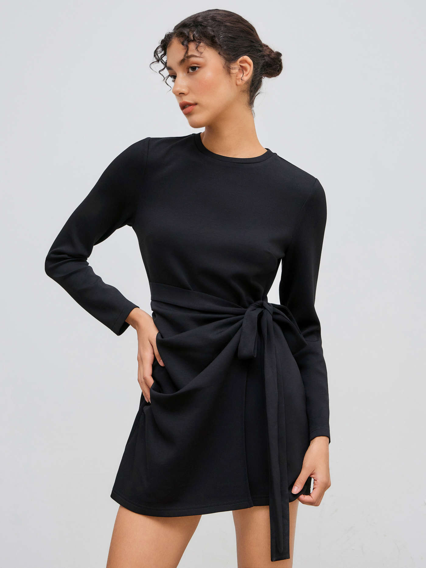 Round Neckline Knotted Wrap Mini Dress | Cider