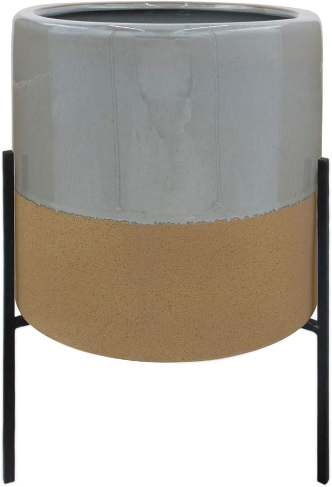 Amazon Brand – Rivet Mid-Century Ceramic Planter with Iron Stand, 17"H, Grey and Tan | Amazon (US)