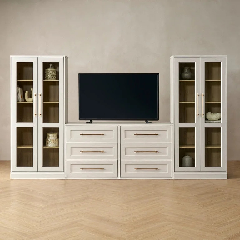 Blake 4 Piece Entertainment Center with Storage, Dresser TV Stand with Tall Display Cabinets, Whi... | Walmart (US)