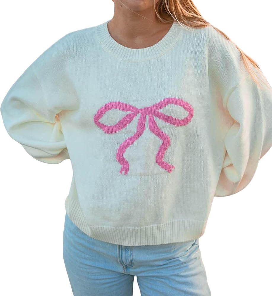 Women Y2K Bow Sweater Top Crew Neck Oversized Pullover Jumper Cute Print Long Sleeve Knit Sweater... | Amazon (US)