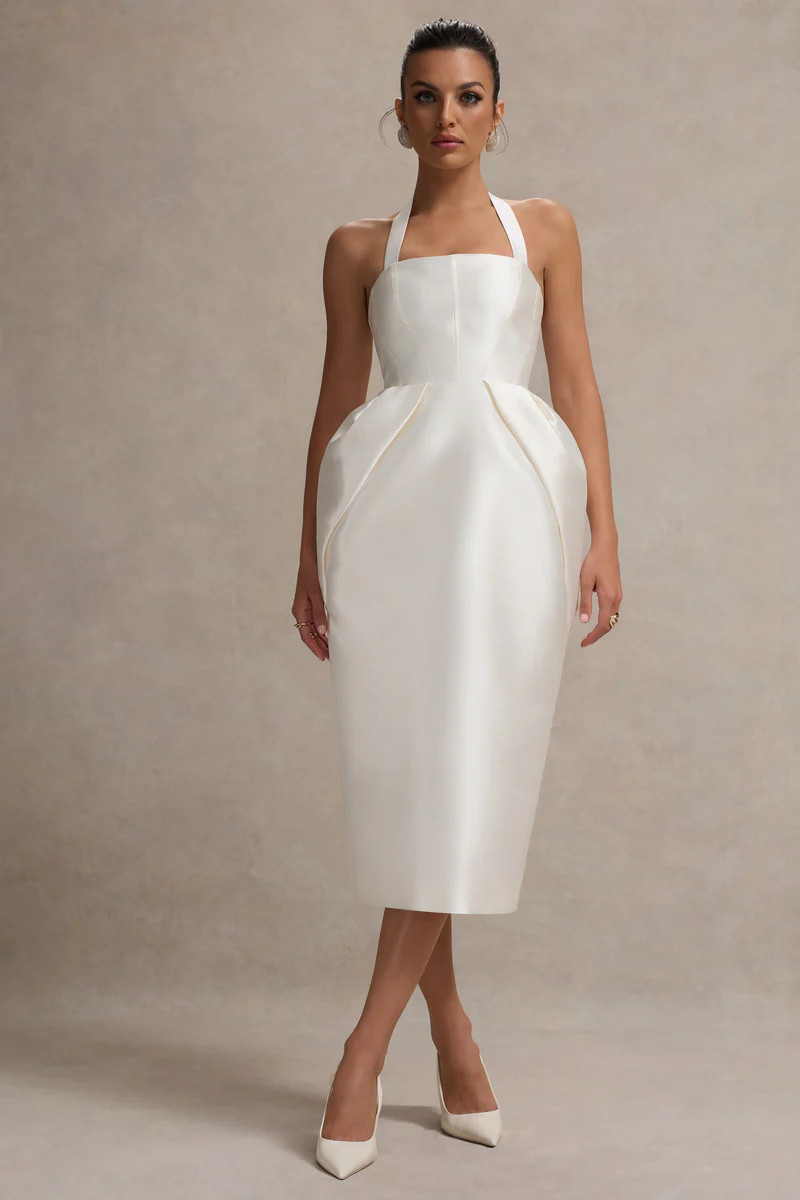 Cosetta | White Halter-Neck Midi Dress With Tulip Skirt | Club L London