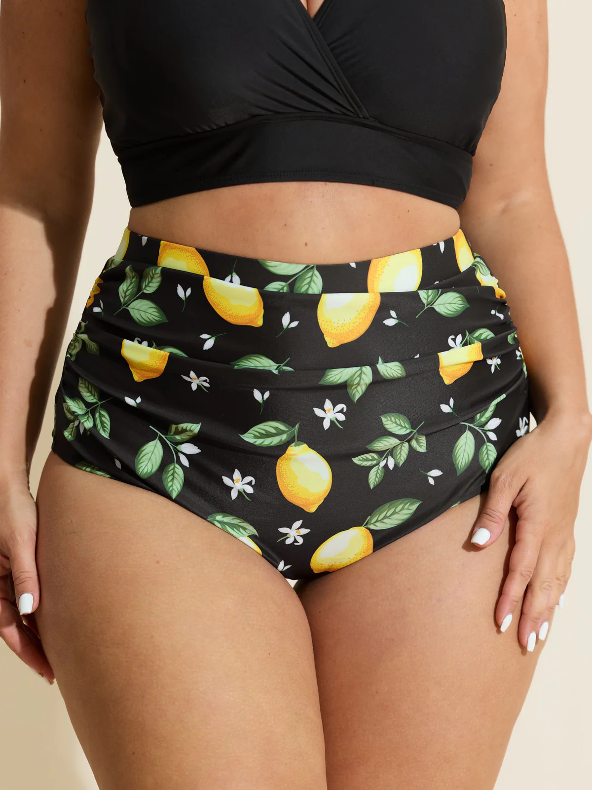 Lemon Print Pleated Tummy-Control Bikini Bottoms | Bloomchic