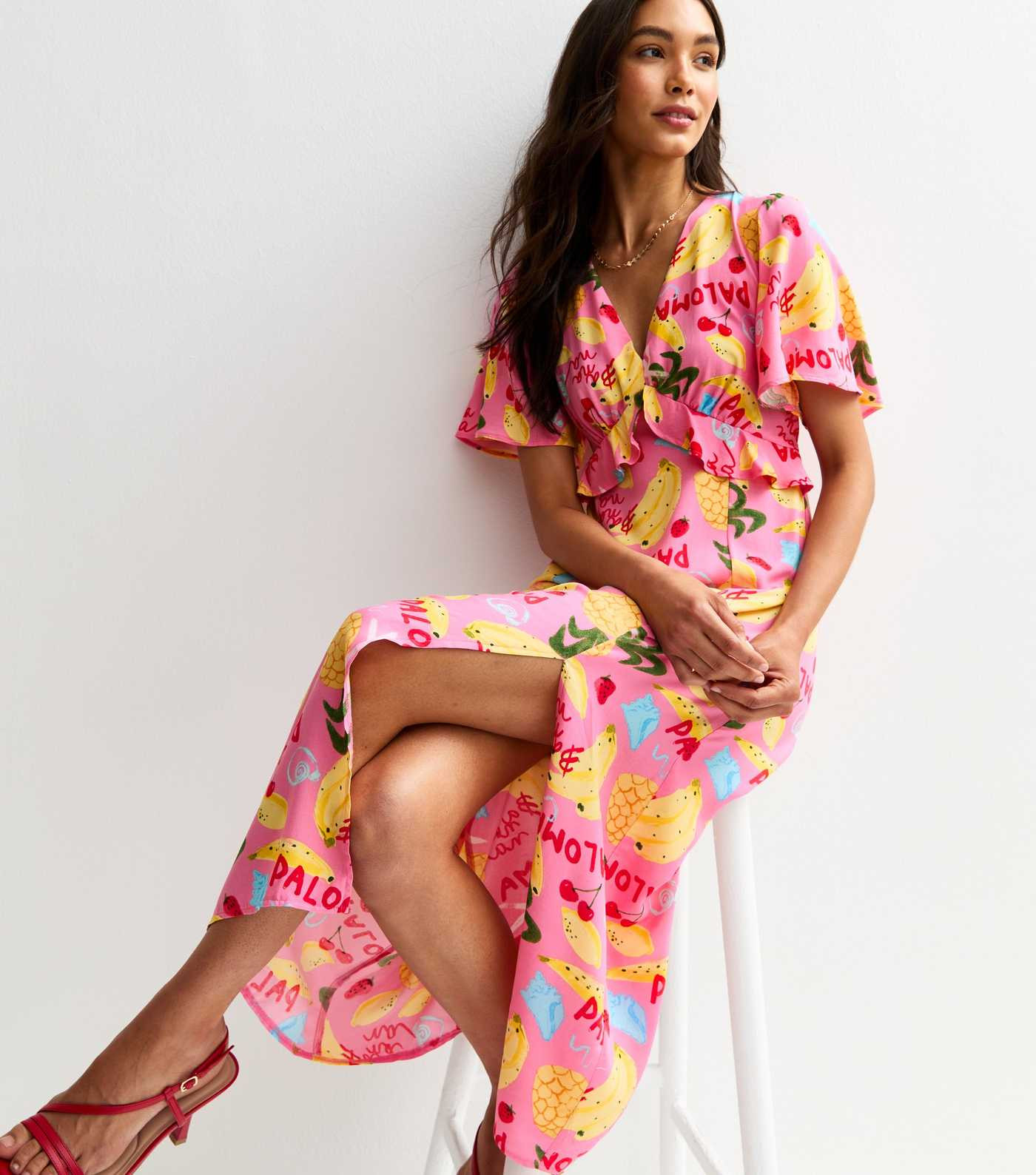 Pink Fruit Print Frill Trim Midi Dress | New Look | New Look (UK)