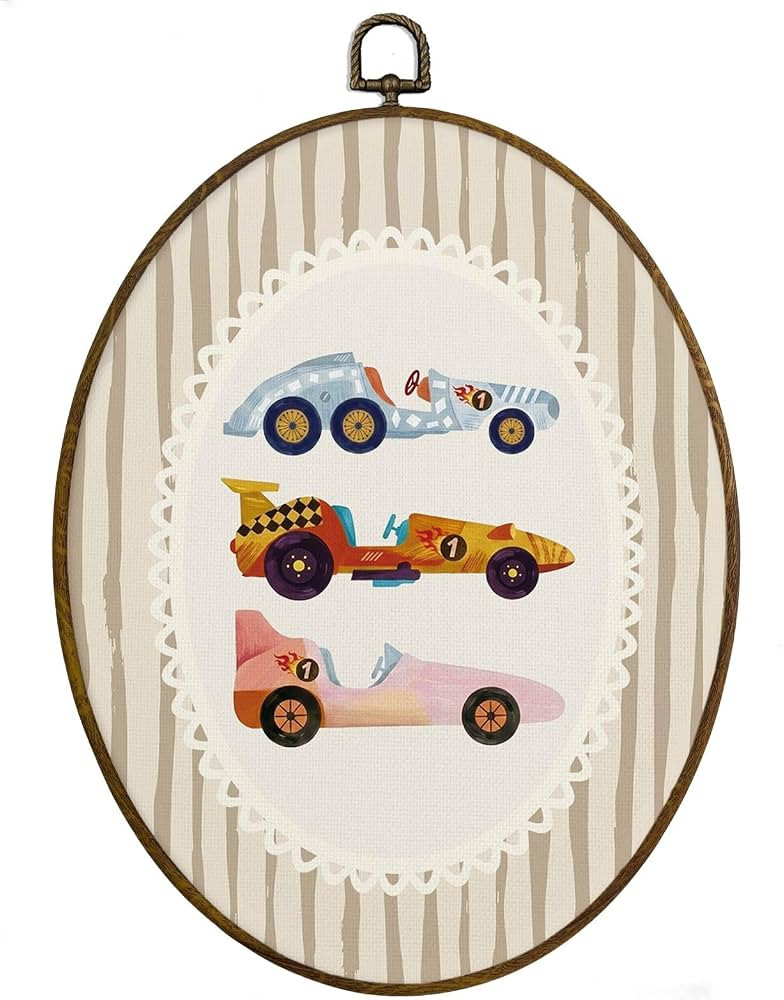 MAQIKA Vintage Race Car Nursery Framed Oval Wall Art Decor, Kids Playroom Oval Wall Hanging Decor... | Amazon (US)