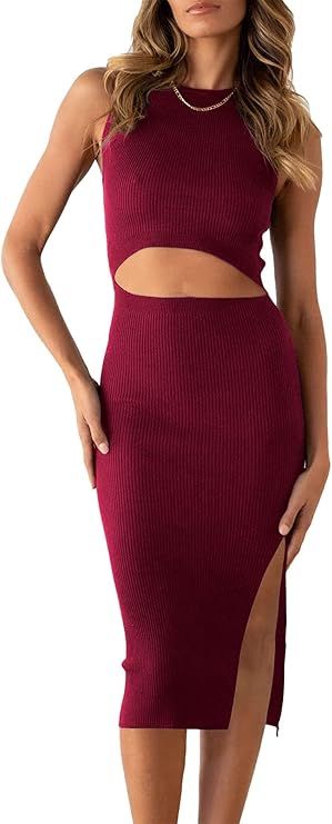 PRETTYGARDEN Women's Summer Midi Bodycon Dresses Casual Crew Neck Side Slit Sleeveless Knit Cut O... | Amazon (US)