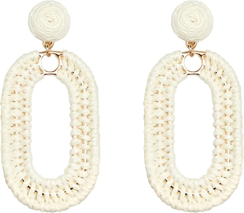 Raffia Oval Earrings for Women - Boho Woven Rattan Earrings for Summer Beach - Tropical Vacation ... | Amazon (US)