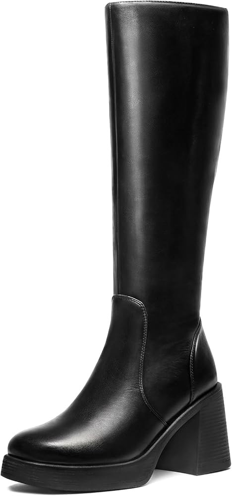 Knee High Boots for Women - Platform Tall Wide Calf Boots Square Toe Chunky Block Heeled Leather ... | Amazon (US)