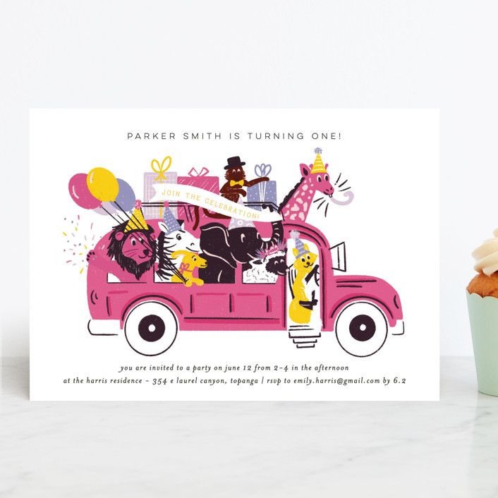 "Birthday Bus" - Customizable Children's Birthday Party Invitations in Green by Shiny Penny Studi... | Minted