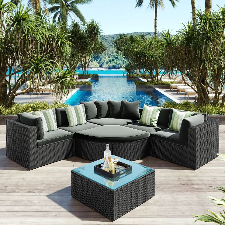7-Piece Outdoor Wicker Rattan Conversation Sofa with Green Striped Pillows,Gray - ModernLuxe | Target
