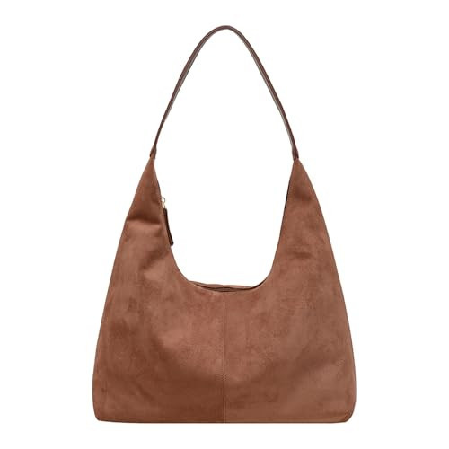 Suede Leather Hobo Bags for Women- Slouchy Tote Bag Brown Suede Fall Bag Hobo Shoulder Purse with Zipper (Brown) | Amazon (US)