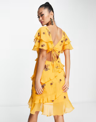 ASOS DESIGN ruffle detail short sleeve embellished mini dress | ASOS (Global)