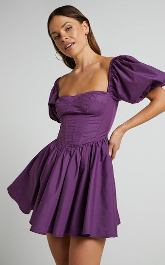 Souza Mini Dress - Fit and Flare Puff Sleeve Corset Dress in Dark Amethyst | Showpo (US, UK & Europe)