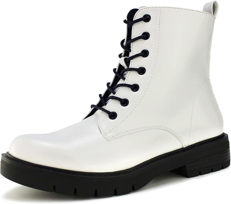 Hawkwell Women's Patent Leather Combat Boots Side Zipper Lace up Ankle Booties | Amazon (US)