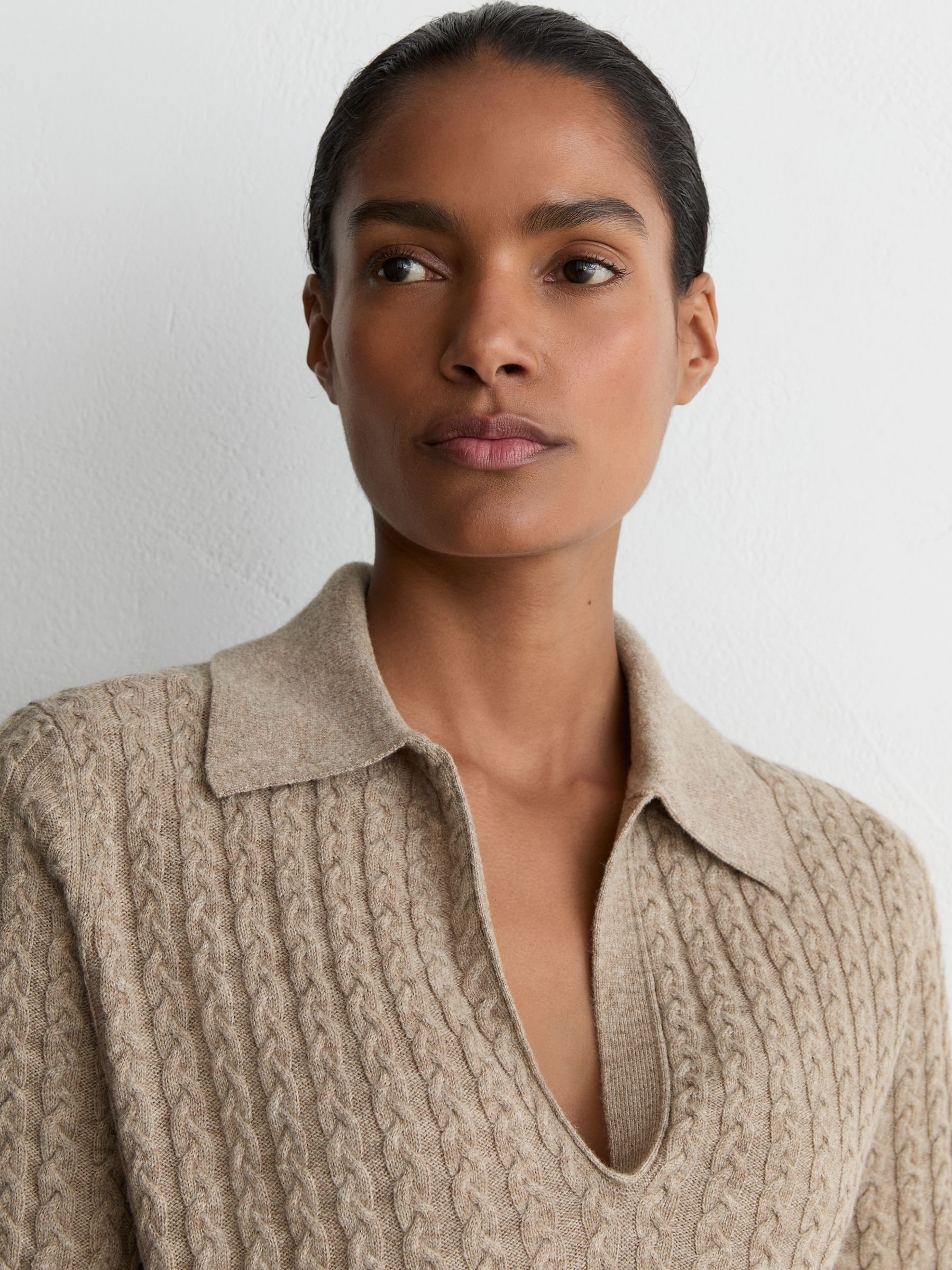 Reiss Wool-Cashmere Cable-Knit Collared Jumper in Neutral - REISS | Reiss UK