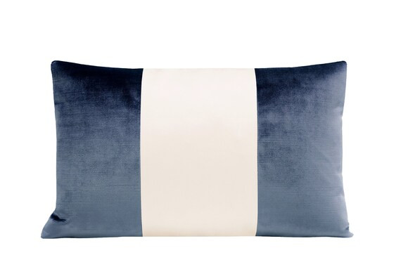 The Little Lumbar : COLORBLOCK Faux Silk Velvet // Prussian Blue + Alabaster Silk | silk throw pi... | Etsy (US)